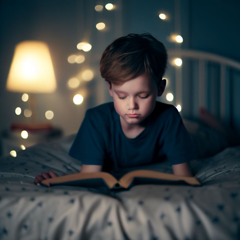 boy Reading in bed at night
