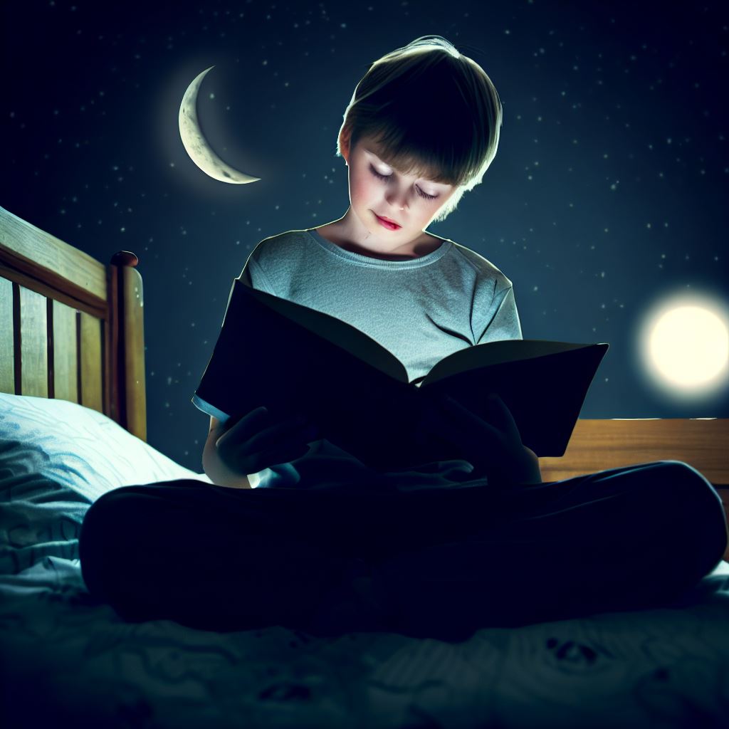 Boy Reading Nighttime Stories in Bed
