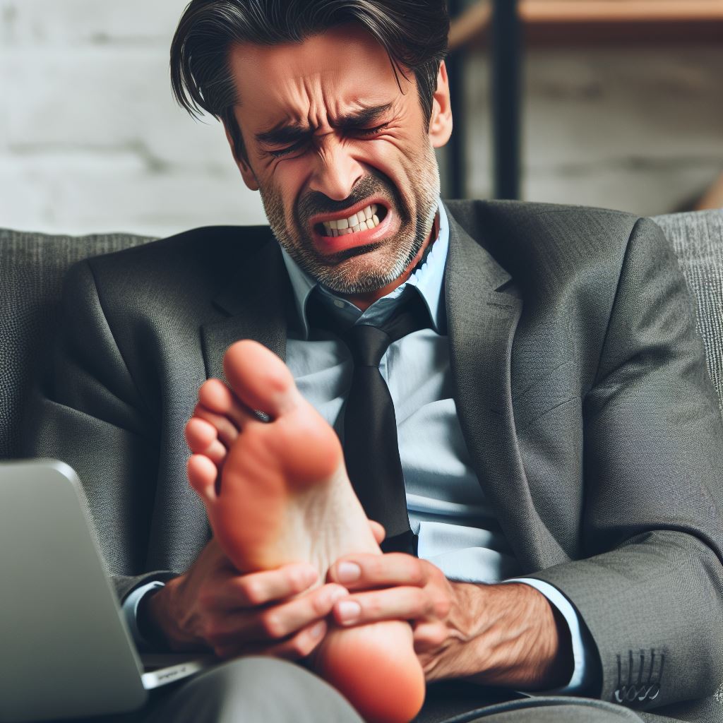 Man with anxiety rubbing his painful foot. AI